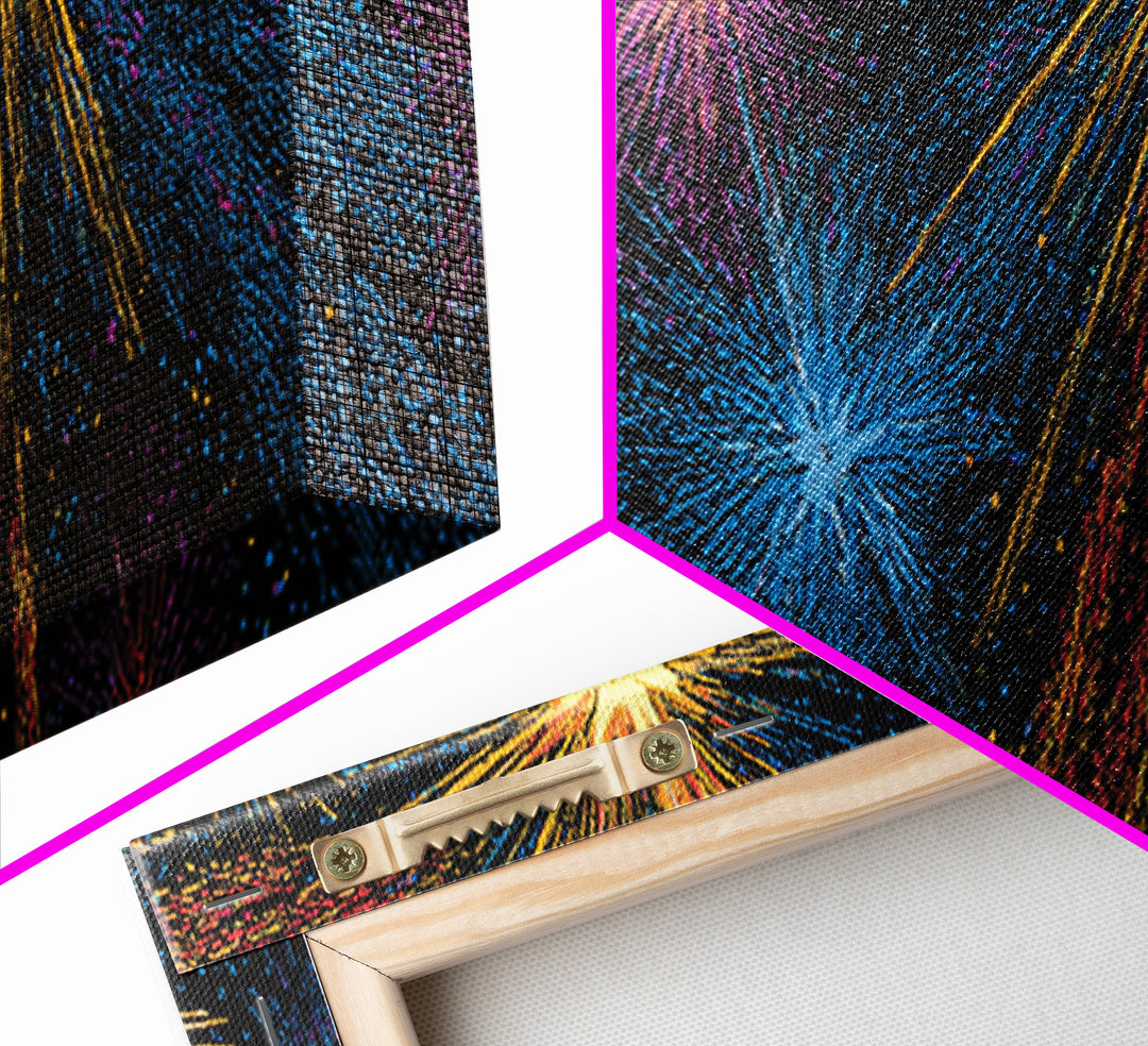 Dark Cosmic Fireworks With Blue Orange Purple And Gold Canvas Print, Retro Space Abstract Wall Art, Midcentury Modern Decor