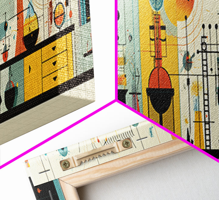 Atomic Science Instruments With Beakers Charts And Geometric Lines Canvas Print, Midcentury Modern Wall Art, Retro Lab Decor