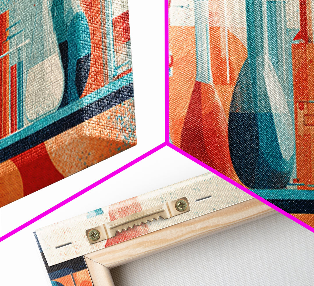 Teal And Coral Science Lab Framed Canvas Print, Mid Century Modern Chemistry Wall Art, Retro Abstract Office Decor Poster