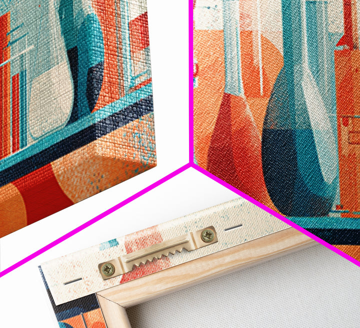 Teal And Coral Science Lab Framed Canvas Print, Mid Century Modern Chemistry Wall Art, Retro Abstract Office Decor Poster