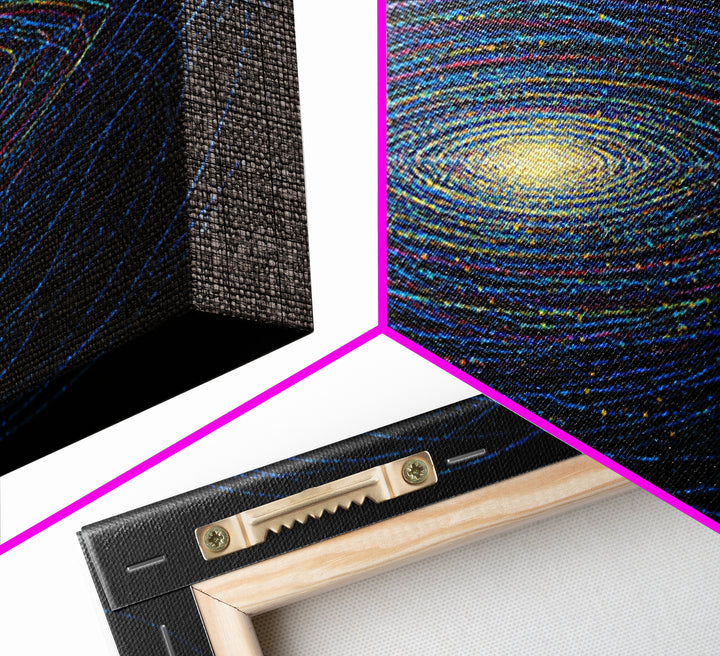 Blue Orbital Galaxy Lines On Black With Yellow Center, Space Abstract Wall Art, Modern Digital Art Print, Sci Fi Canvas Print