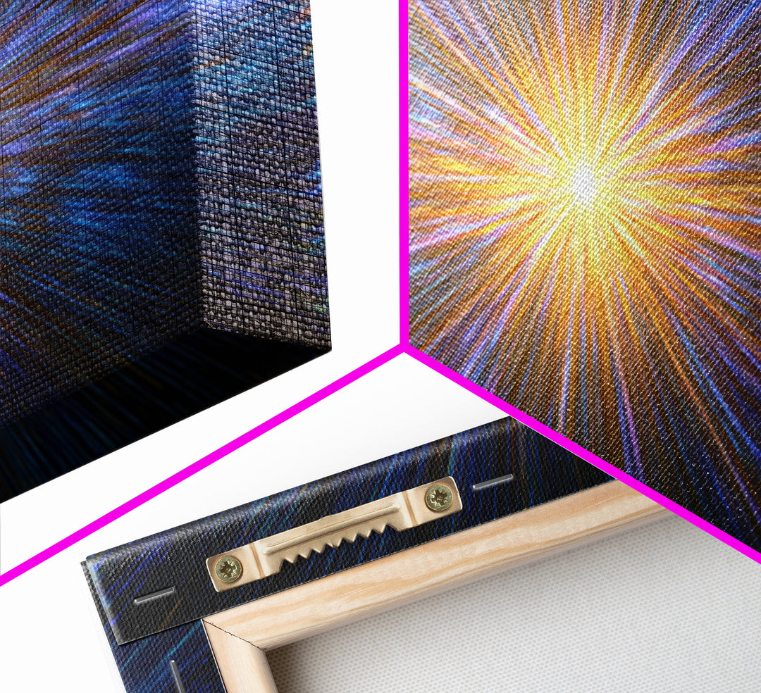 Radiant Blue And Gold Light Burst Horizon, Space Abstract Wall Art, Modern Digital Art Print, Sci Fi Canvas Print For Home