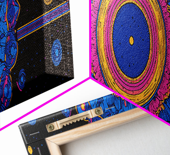 Blue Pink Cosmic Mandala Canvas Print, Psychedelic Abstract Wall Art, Retro Space Poster, Modern Geometric Home Decor Print