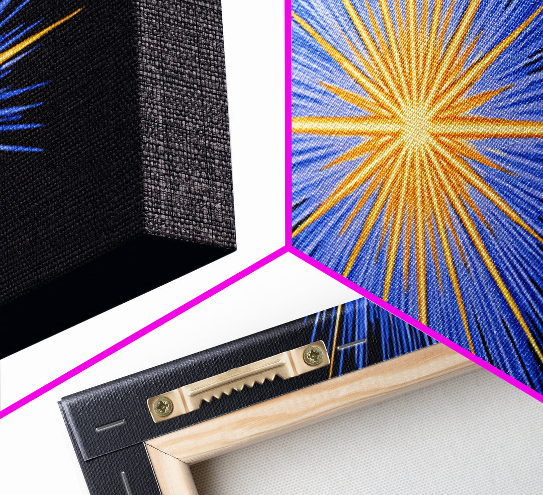 Blue Orange Radiant Starburst Canvas Print, Modern Abstract Wall Art, Cosmic Space Poster, Bold Geometric Living Room Decor