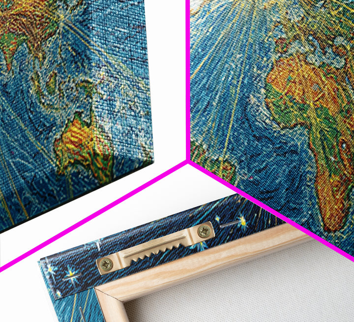 Radiant Earth From Space Wall Art, Midcentury Modern Map Poster, Cosmic Retro Illustration Canvas Print, Blue Home Decor
