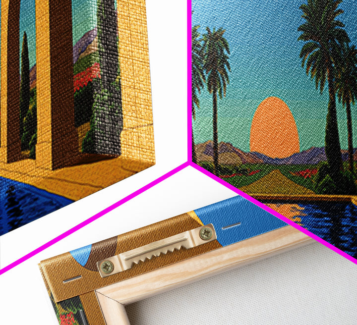 Palm Springs Pool With Golden Arches And Sunset Framed Canvas Print, Mid Century Modern Travel Poster Large Wall Art Decor