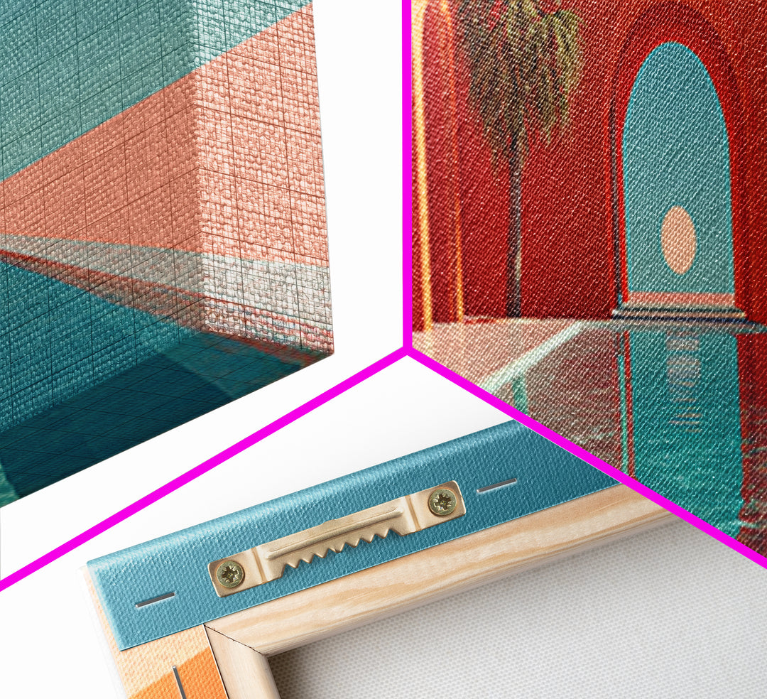 Red Arch Pool With Cypress Trees And Aqua Sky Canvas Print, Minimalist Mid Century Modern Wall Art, Palm Springs Decor Poster