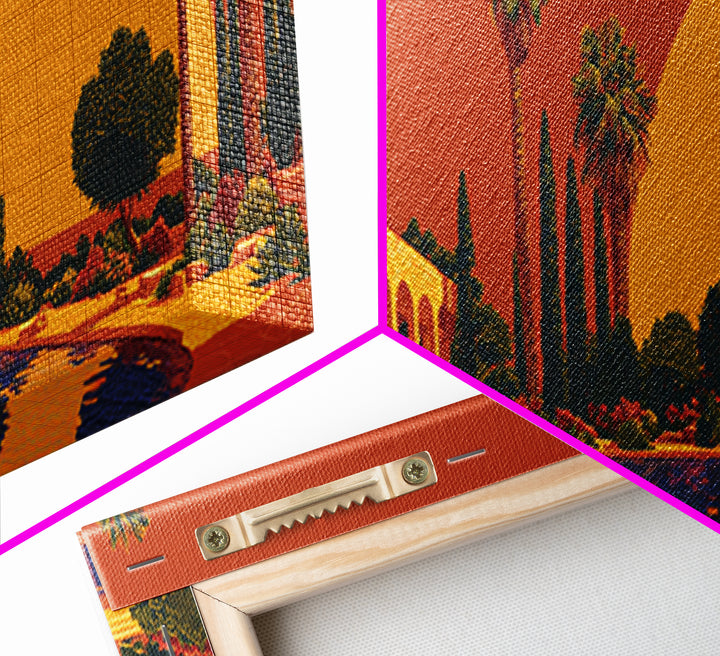 Orange Palm Oasis With Colonnade Pool And Giant Sun Framed Canvas Print, Mid Century Modern Wall Art, Retro Desert Decor