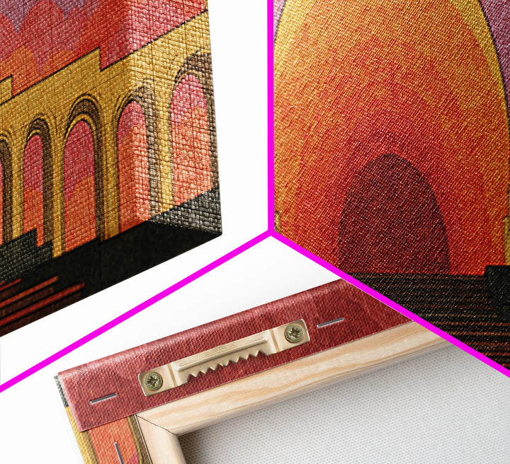 Monumental Sunset Theater With Arches And Stone Steps Canvas Print, Retro Mid Century Modern Wall Art, Orange Landscape Poster
