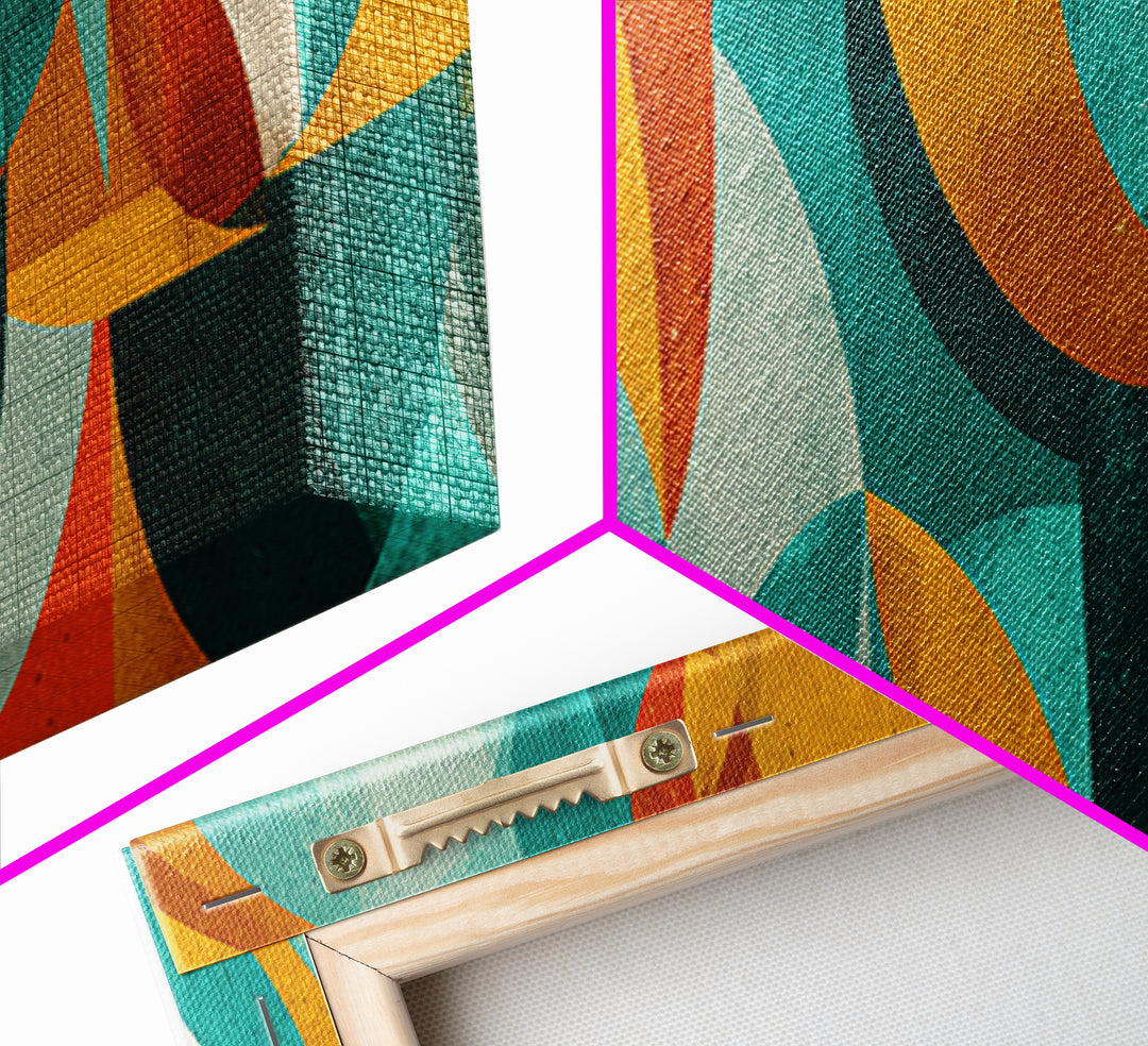 Teal Ochre Geometric Circles And Transparent Shapes Wall Art, Mid Century Modern Abstract Print, Bauhaus Colorblock Decor