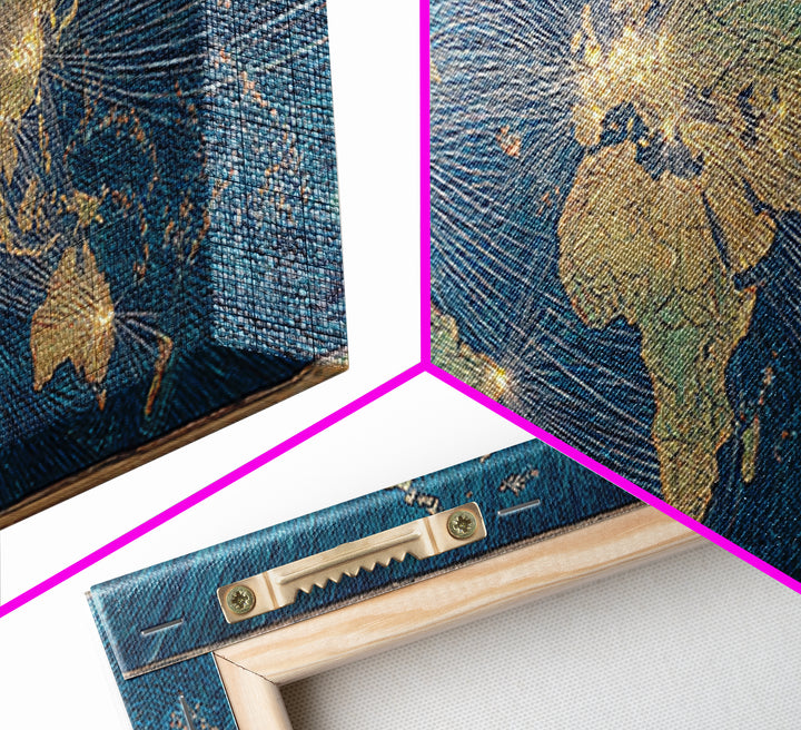 Blue Gold World Map Wall Art, Midcentury Modern Travel Poster, Geometric Global Lines Canvas Print, Office Wall Decor, Gift