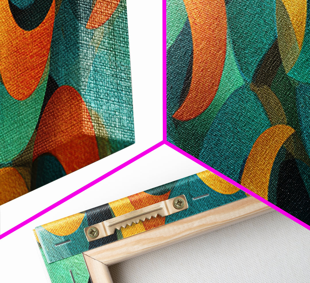 Layered Teal Orange And Gold Crescent Moon Shapes Canvas Print, Retro Mid Century Modern Wall Art, Abstract Pattern Decor