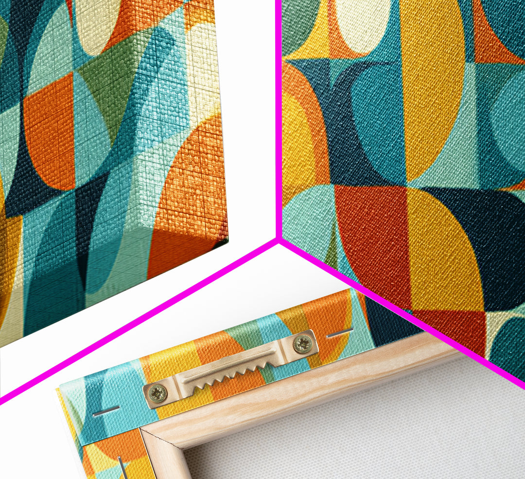 Teal Orange Aqua Rounded Geometric Shapes Canvas Print, Mid Century Modern Wall Art, Retro Bauhaus Poster, Living Room Decor