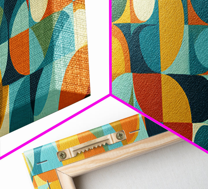 Teal Orange Aqua Rounded Geometric Shapes Canvas Print, Mid Century Modern Wall Art, Retro Bauhaus Poster, Living Room Decor