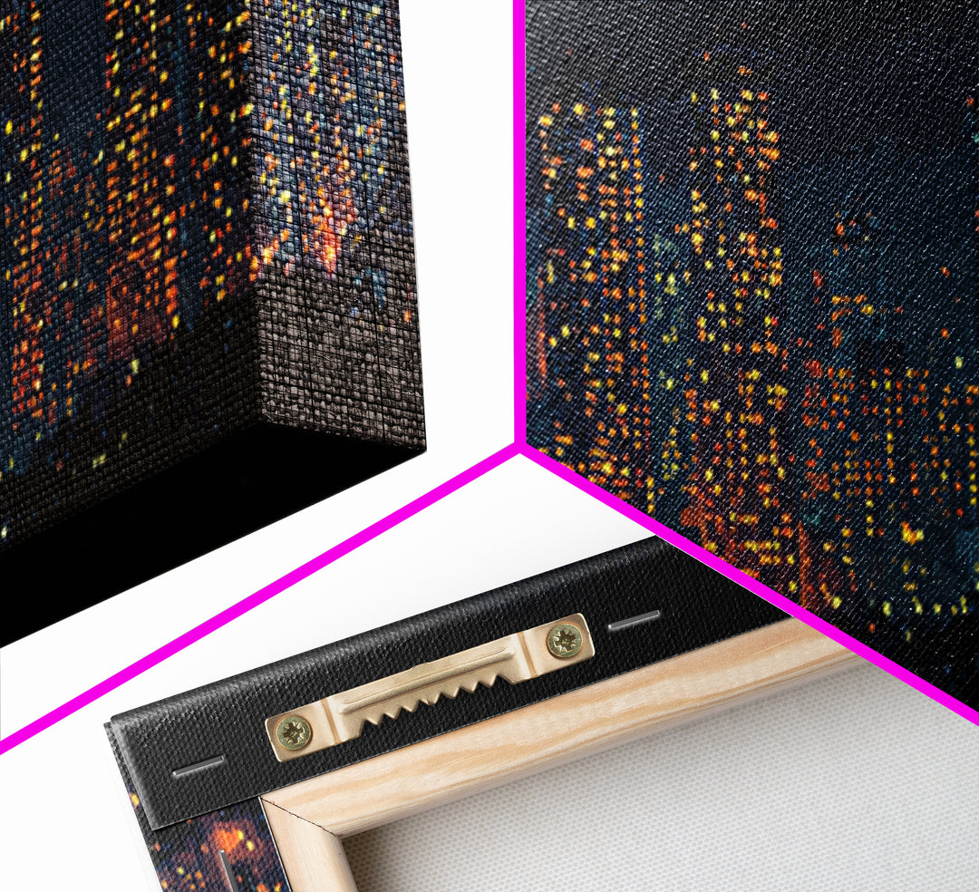 Glowing Night City Skyline Wall Art, Modern Urban Photography Print, Skyscraper Lights Poster, Apartment Living Room Decor