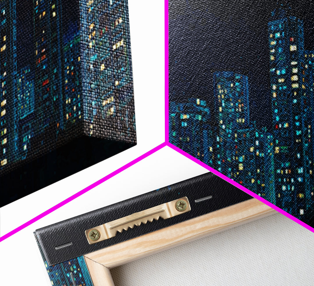 Blue Neon Night Skyline Canvas Print, Modern Cityscape Wall Art, Urban Skyscraper Poster, Contemporary Apartment Living Room Decor