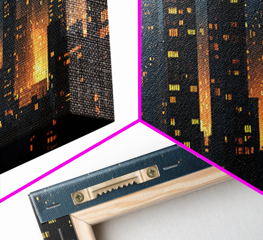 Rainy Night City Silhouette Wall Art, Moody Urban Skyline Print, Modern Skyscraper Lights Poster, Industrial Office Decor