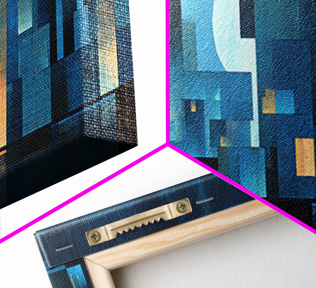 Blue Moon Geometric City Skyline Wall Art, Midcentury Modern Art Print, Abstract Urban Night Decor, MCM Living Room Poster
