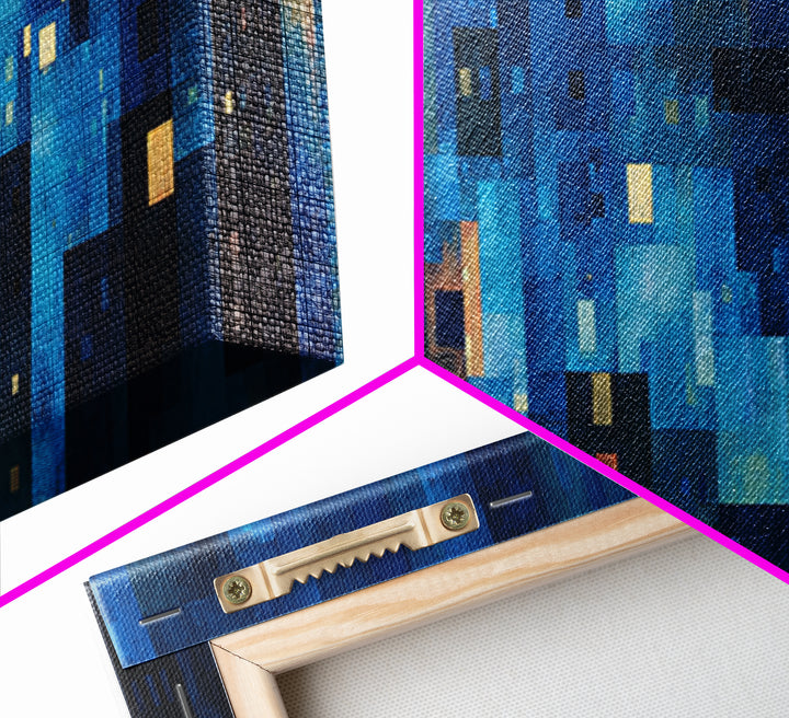 Blue Abstract City Lights Canvas Print, Modern Wall Art For Living Room, Urban Night Skyline Poster, Midcentury Home Decor