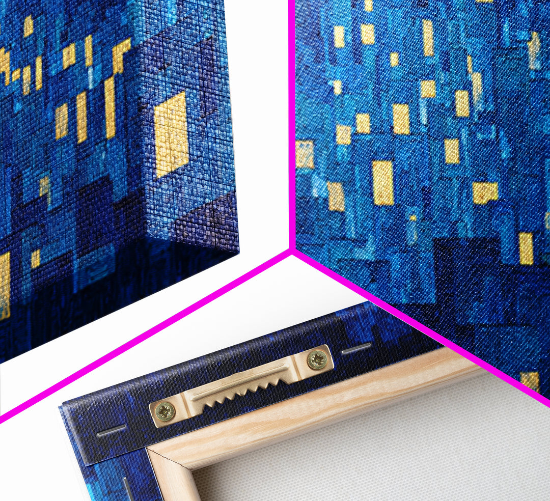 Mosaic Blue City Night Wall Art, Modern Abstract Art Print, Urban Skyline Lights, MCM Wall Decor, Large Living Room Artwork