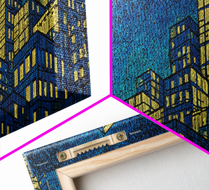 Yellow Blue Skyscraper Skyline Framed Canvas Print, Modern Wall Art, Architectural Cityscape Poster, Office Decor For Loft