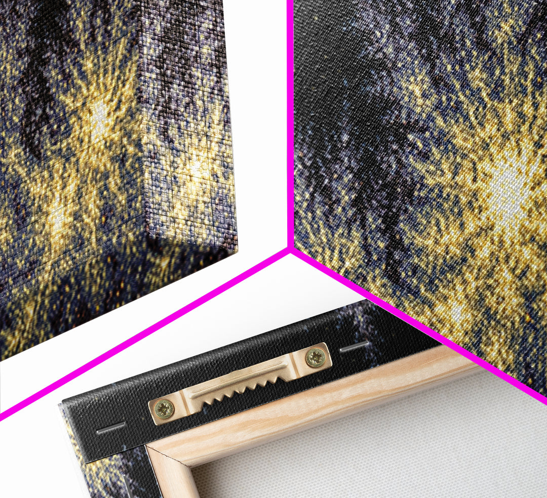 Golden Sparkling Tree Line Wall Art, Panoramic Winter Night Poster, Modern Abstract Art Print, Festive Metallic Home Decor