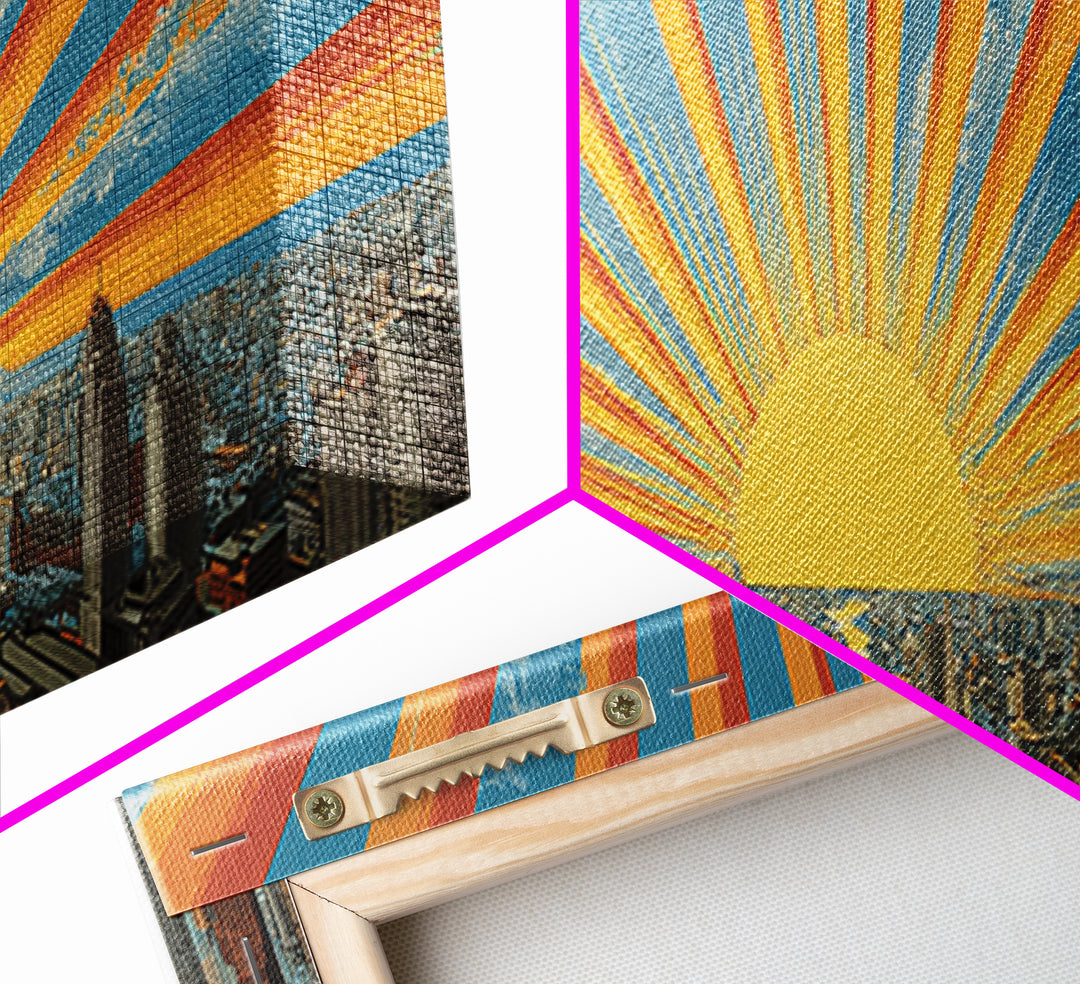 Radiant Sunrise City Skyline Framed Canvas Print, Panoramic Retro Travel Poster, Midcentury Modern Wall Art, Bright Home Decor