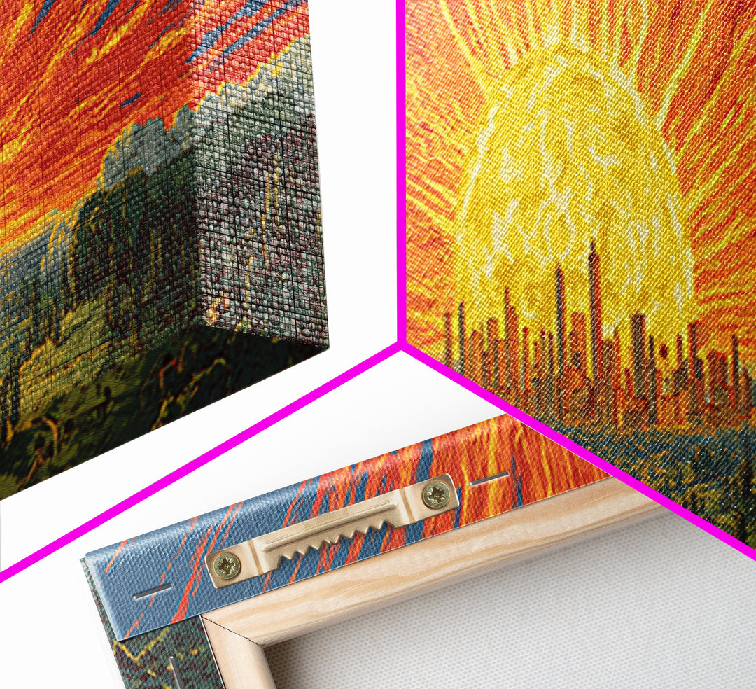 Fiery Solar Cityscape Canvas Print, Panoramic Apocalypse Sunset Poster, Bold Modern Abstract Art, Orange Wall Decor For Home