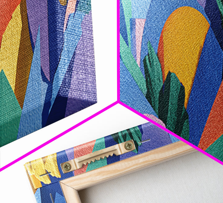 Colorful Tropical Geometric Leaves Wall Art, Midcentury Modern Abstract Canvas, Bold MCM Decor, Retro Living Room Print Gift