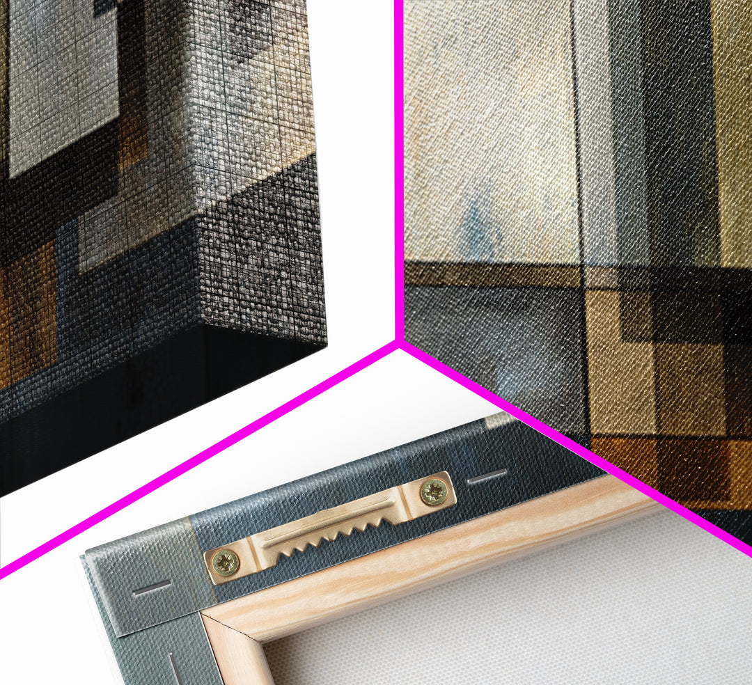 Moody Metallic Rectangle Canvas Print, Modern Abstract Wall Decor, Industrial Geometric Art, Blue Gold Home Office Artwork