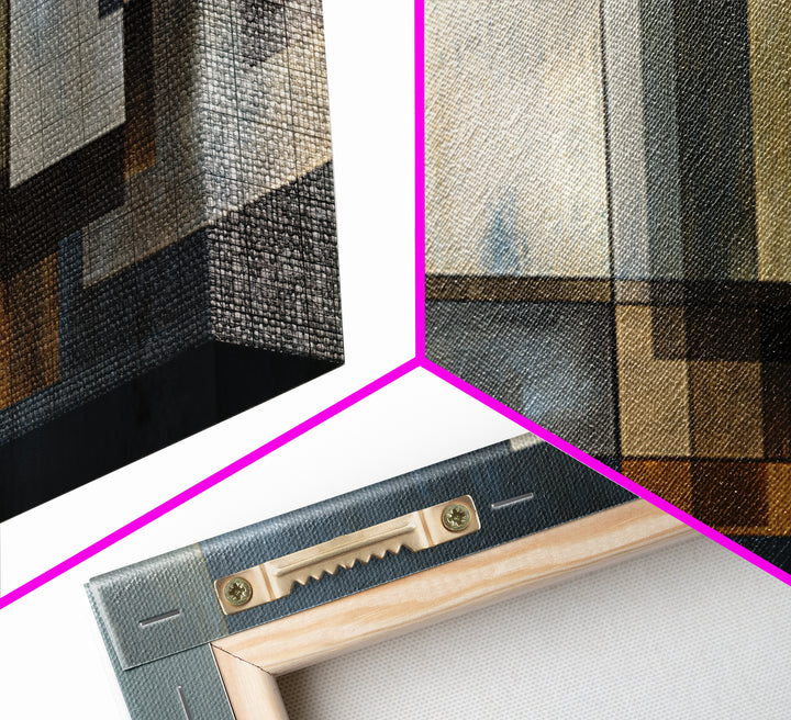 Moody Metallic Rectangle Canvas Print, Modern Abstract Wall Decor, Industrial Geometric Art, Blue Gold Home Office Artwork
