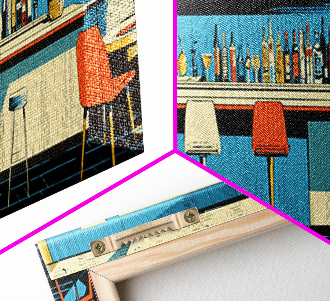 Blue Midcentury Cocktail Bar Wall Art, Retro Lounge Poster, Modern Home Decor, Framed Canvas Print, Bar Cart Wall Decor Gift