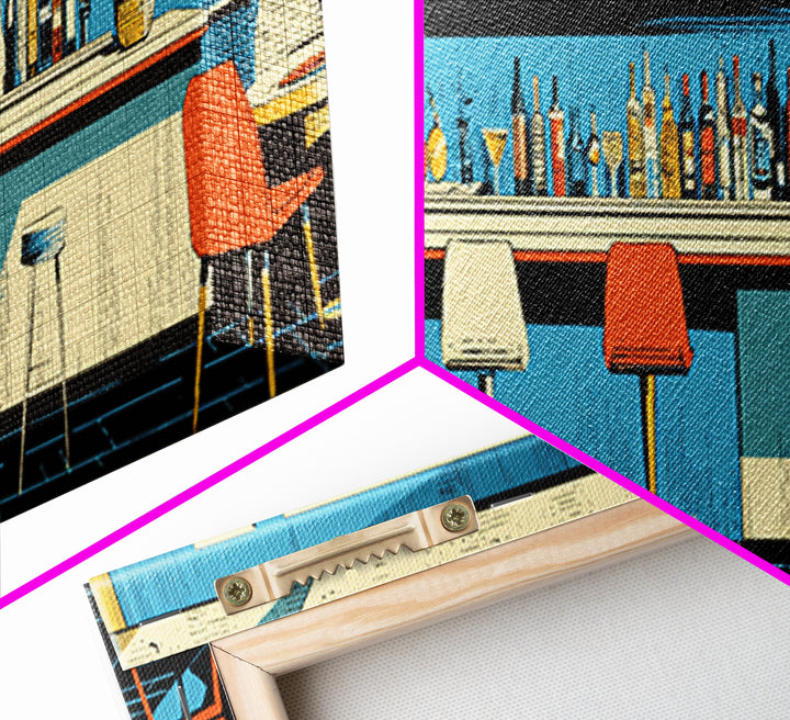 Blue Midcentury Cocktail Bar Wall Art, Retro Lounge Poster, Modern Home Decor, Framed Canvas Print, Bar Cart Wall Decor Gift
