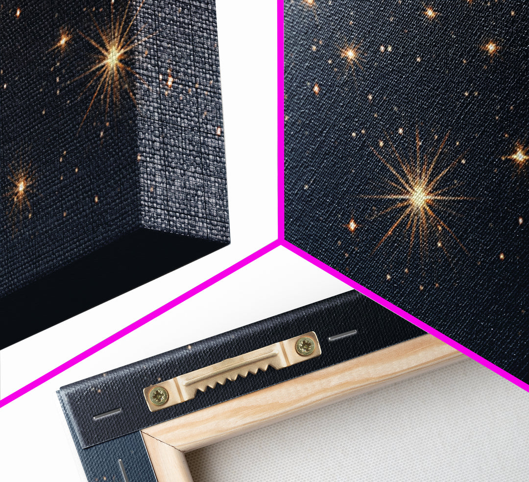 Warm Gold Starry Night Canvas Print, Cosmic Modern Wall Art, Navy Celestial Space Decor, Elegant Bedroom And Home Office Poster Gift