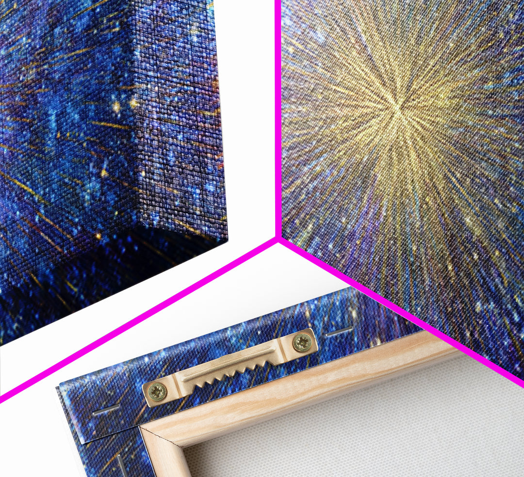 Blue Gold Cosmic Starburst Canvas Print, Space Abstract Wall Decor, Modern Digital Art, Galaxy Light Speed Panoramic Poster