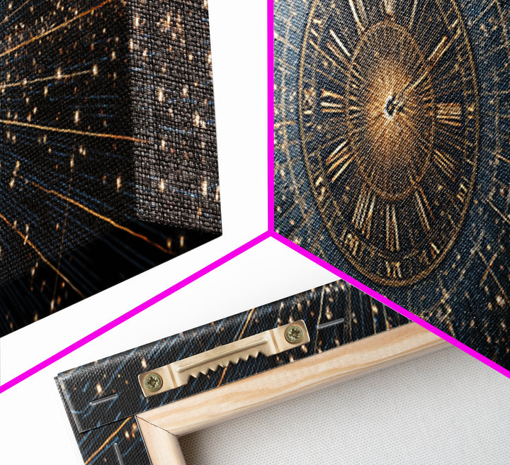 Celestial Clock Time Warp Wall Art, Gold Blue Cosmic Abstract Poster, Modern Space Decor, Panoramic Galaxy Artwork Print