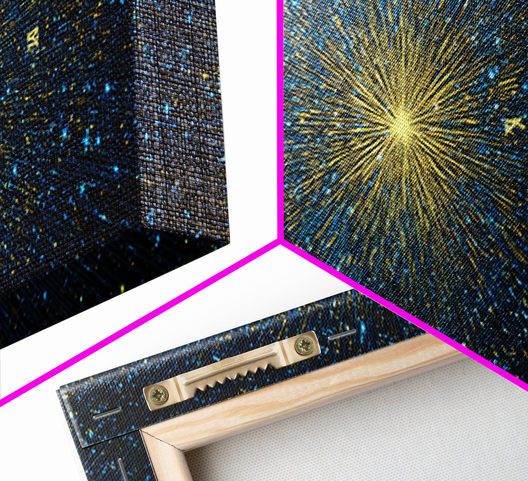 Golden Core Light Speed Canvas Print, Blue Galaxy Abstract Wall Decor, Modern Space Poster, Cosmic Panoramic Digital Artwork