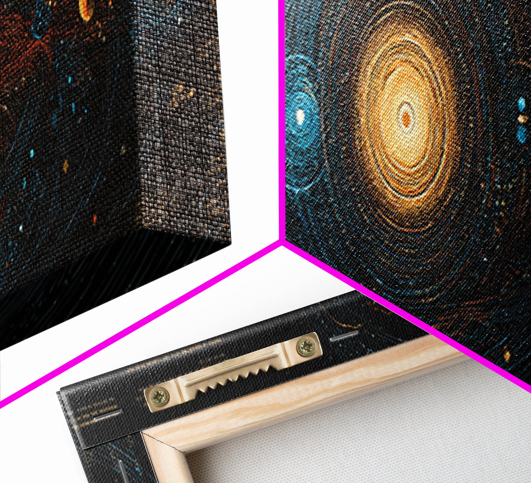 Solar System Energy Map Canvas Print, Blue Gold Cosmic Diagram Poster, Modern Astronomy Wall Decor, Panoramic Space Artwork
