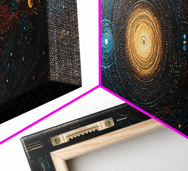 Solar System Energy Map Canvas Print, Blue Gold Cosmic Diagram Poster, Modern Astronomy Wall Decor, Panoramic Space Artwork