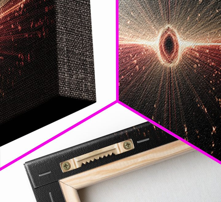 Red Black Hole Particle Burst Framed Canvas Print, Cosmic Retro Wall Art, Modern Abstract Art Print, Dark Space Decor Poster
