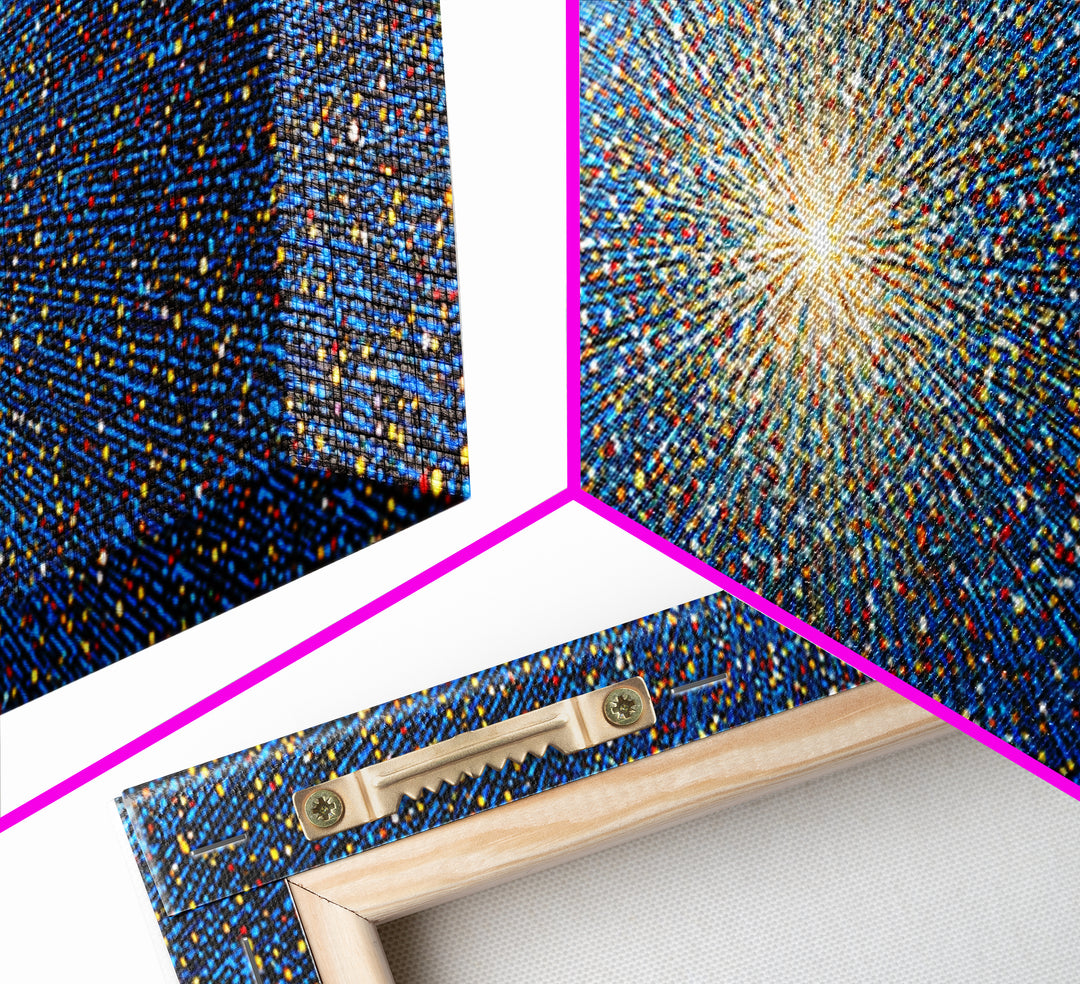 Blue Orange Pixel Particle Burst Canvas Print, Modern Abstract Art, Digital Art Print, Retro Sci Fi Wall Decor, Space Poster