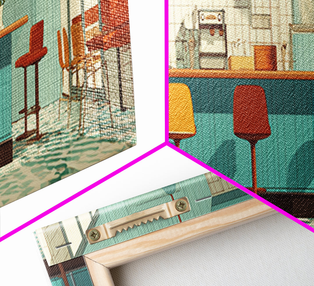 Sunlit Teal Bar With Orange Stools Framed Canvas Print, Mid Century Modern Decor, Retro Wall Art, Kitchen Poster, Large Prints