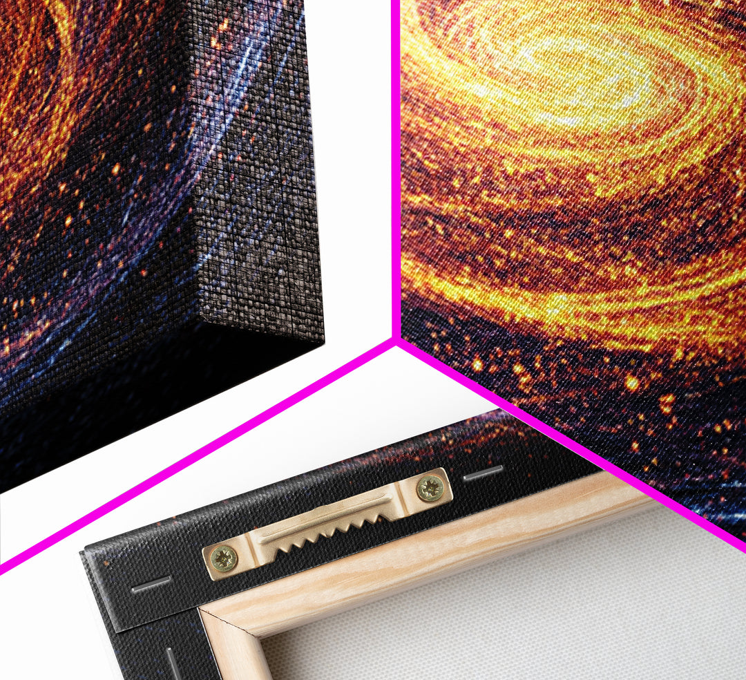 Glowing Spiral Galaxy In Orange And Blue Canvas Print, Cosmic Retro Art, Space Abstract Art, Modern Wall Decor, Panoramic Living Room Art
