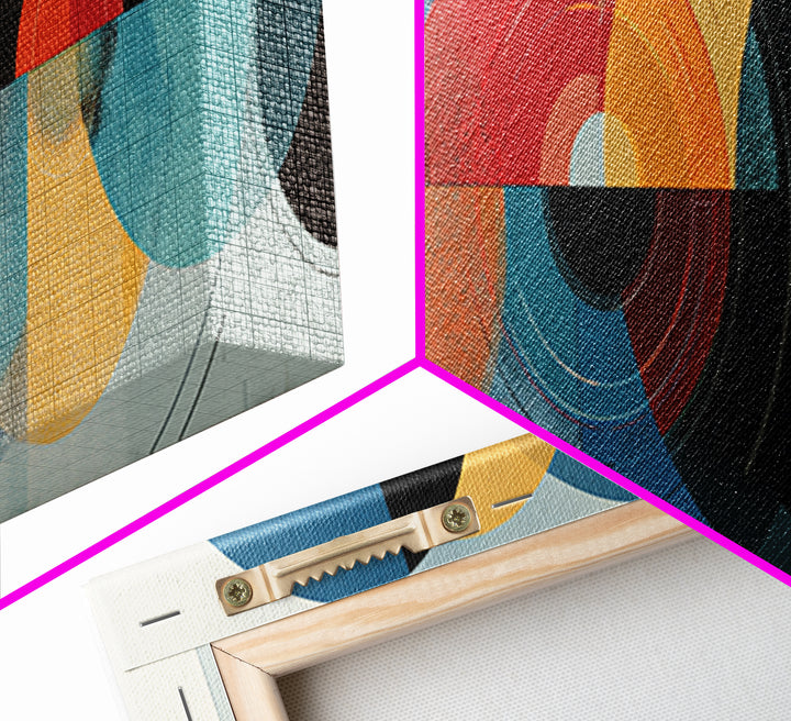 Retro Teal Red Yellow Circle Wall Art, Midcentury Modern Art, Bauhaus Geometric Poster, Colorful MCM Wall Decor, Framed Canvas Print