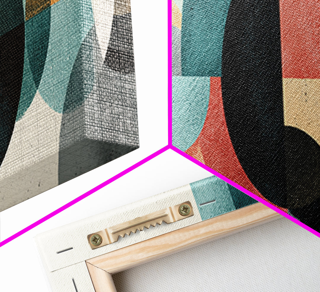 Layered Teal Coral Mustard Circle Wall Art, Midcentury Modern Abstract Art, Bauhaus Geometric Decor, Framed Canvas Print