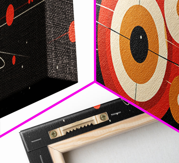 Black Space Abstract With Orange Orbit Circles Wall Art, Midcentury Modern Geometric Print, Atomic MCM Poster, Retro Decor