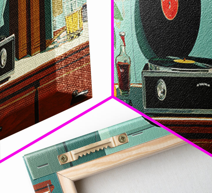 Teal Vinyl And Flower Console Canvas Print, Mid Century Modern Wall Decor, Record Player Art Print, Retro Living Room Decor