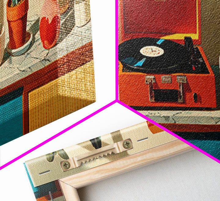 Orange Portable Record Player Wall Art, Mid Century Modern Shelf Decor, Cactus Vinyl Print, Retro Music Room Home Decor Poster