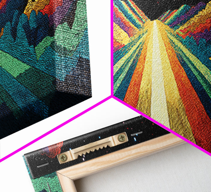 Cosmic Rainbow Mountain Road Canvas Print, Mid Century Modern Space Landscape Art, Retro Sci Fi Wall Decor, Colorful Poster