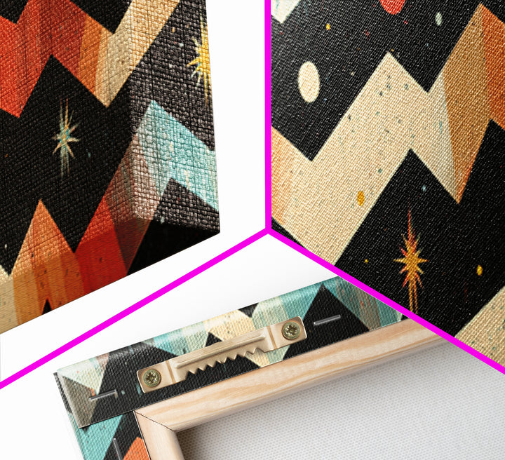 Starry Zigzag Space Abstract Canvas Print, Mid Century Modern Atomic Art, Retro Geometric Wall Decor, Colorful Cosmic Poster